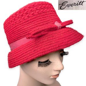 Vintage 1940s Everitt Dark Red Crochet Knit Hat Cloche Bucket Bow 40s 50s